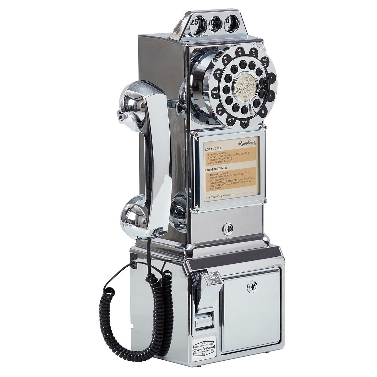 Ryan Bros. Retro 1950's Payphone Coin Bank Wall-Mount Corded Phone