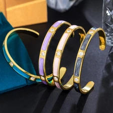 Adjustable Yellow Gold Plated Enamel Blue Cubic Zirconia Ladies Open Cuff Bangle