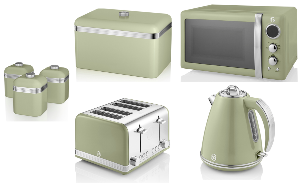 SWAN Retro Green Jug Kettle Slice Toaster Microwave Bread Bin Canisters  Set