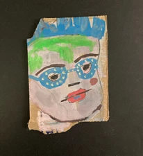 Original Unique Nerdy Man Portrait Painting Blue Expressive Naive Outsider Art