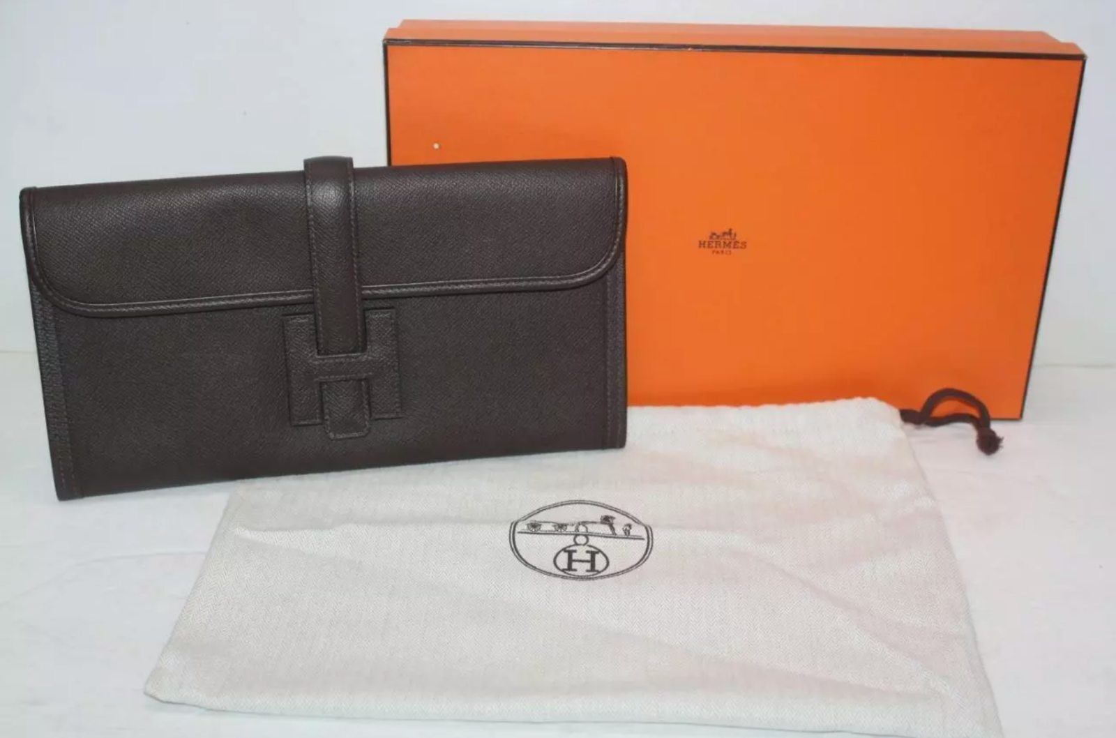 HERMES Dark Brown Epsom Leather Jige Elan 29 Clutch Bag Retail $3725