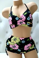 VICTORIA'S SECRET PINK SWIM Bodywrap Top/Shortie Bottom Black Floral Set M/M NEW