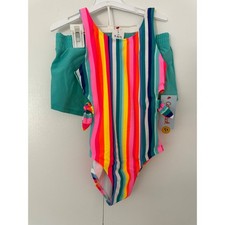 Cat Jack Girls 2-Piece Swimsuit Set Striped One Piece and Shorts Size S 6/7