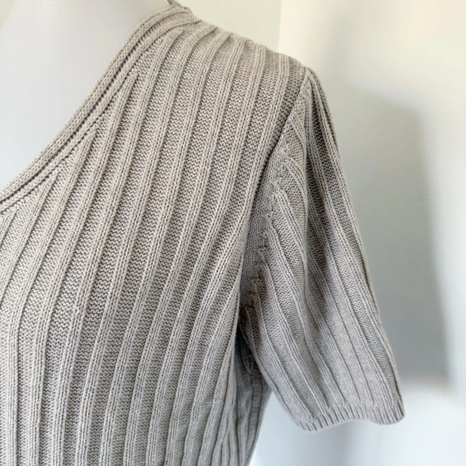 Cárdigan suéter vintage años 90 tejido acanalado manga corta cuello en V L grande beige tostado Foto 4 de 4