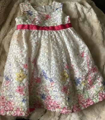 Blueberi Boulevard Child's Dress Size 4T White Stitched Flowers Pink Bow EUC