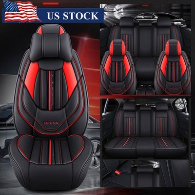 Luxury 5D PU Leather Car Seat Cover Cushion 5-Seat w/Pillows Black+Red USA Stock