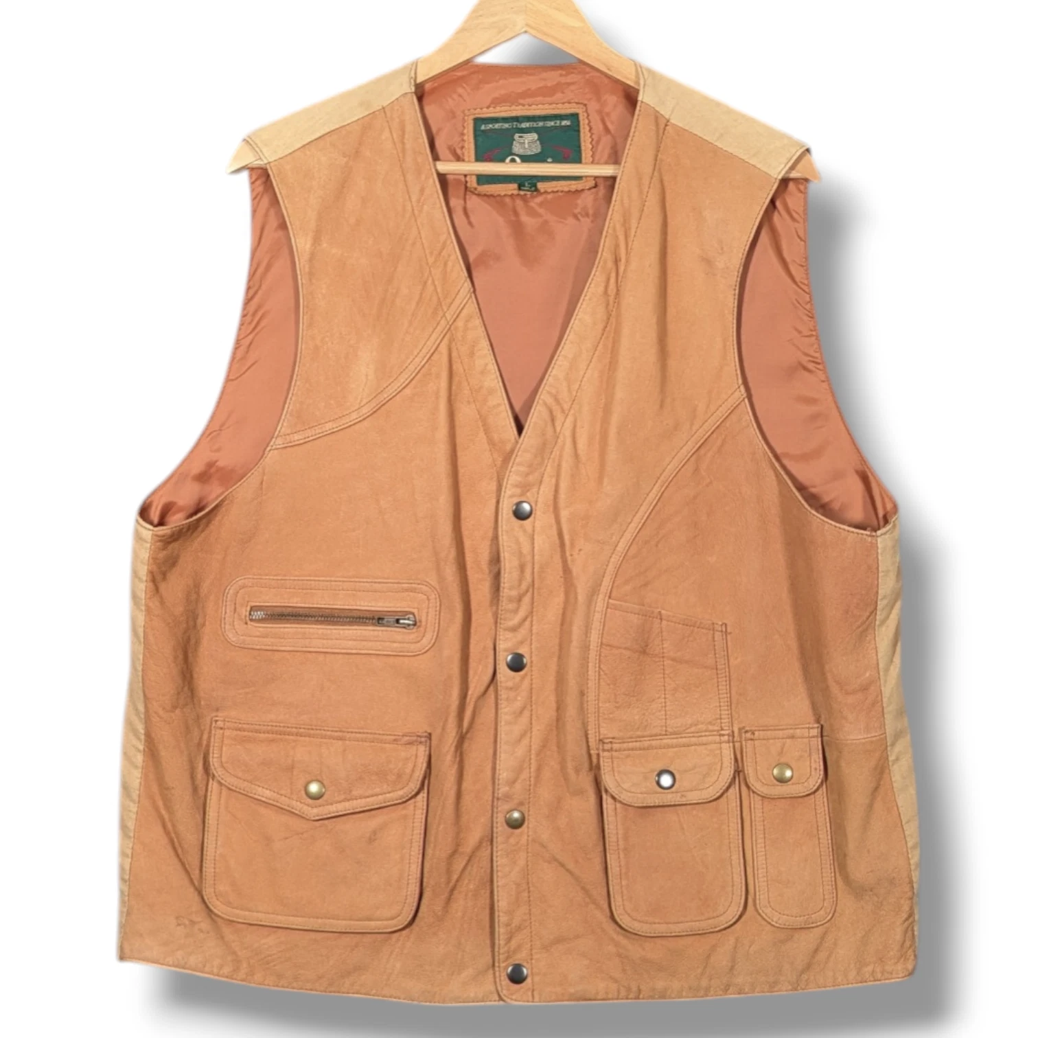 Orvis Leather Utility Vest Mens Large Tan Brown Fishing Hunting Gilet Waistcoat
