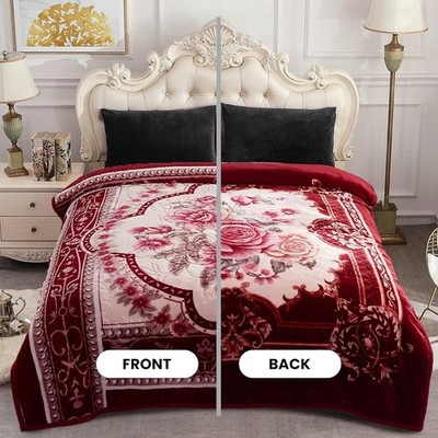 YHSF Korean Faux Mink Blanket King Size 2 Ply Reversible Burgundy Flower Design