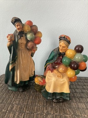 Vintage Balloon Saleswomen Standing & Sitting Women Chalkware 10'' & 8  Tall