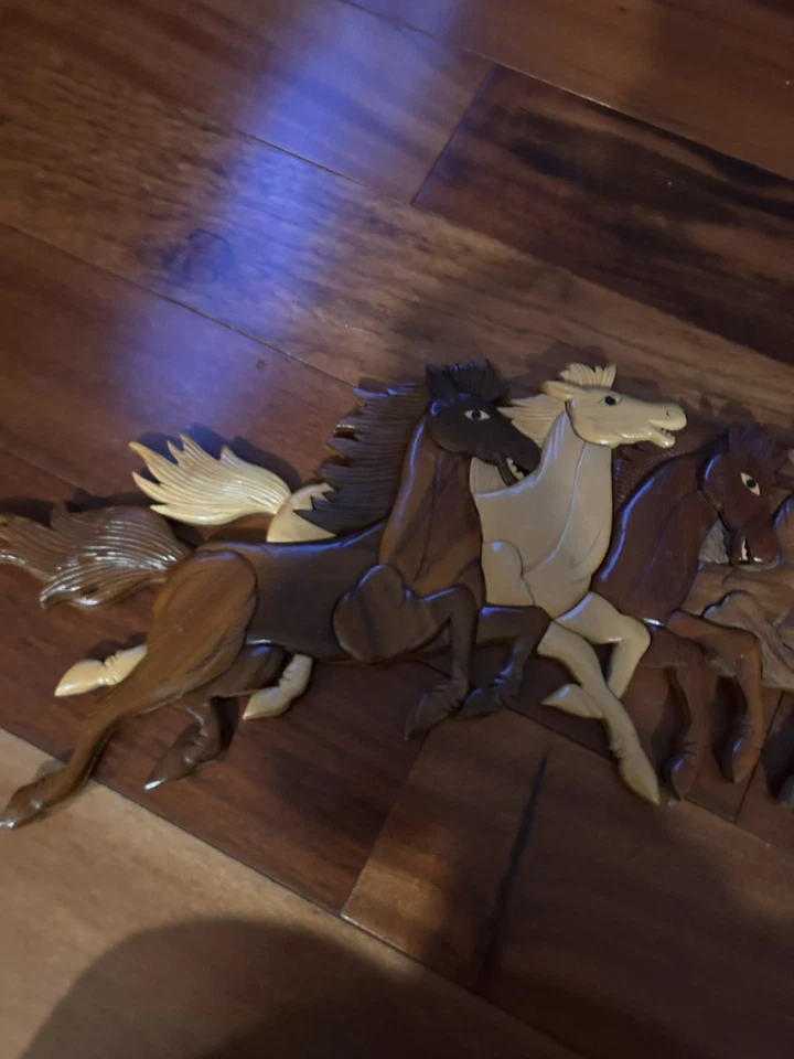 Vintage wooden wall decor horses running carved - Image 3 of 4