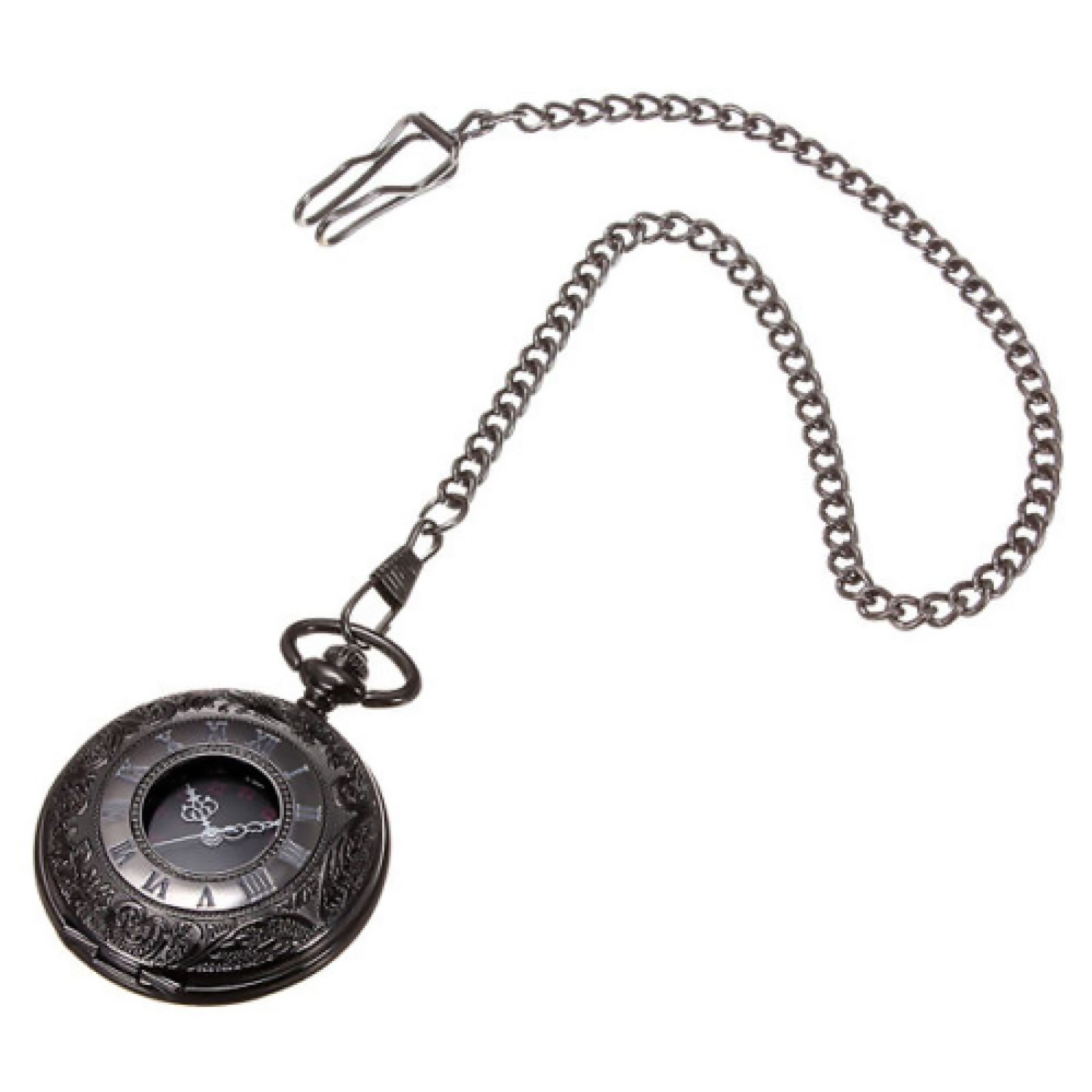 Vintage Steampunk Black Quartz Pocket Watch Necklace Chain