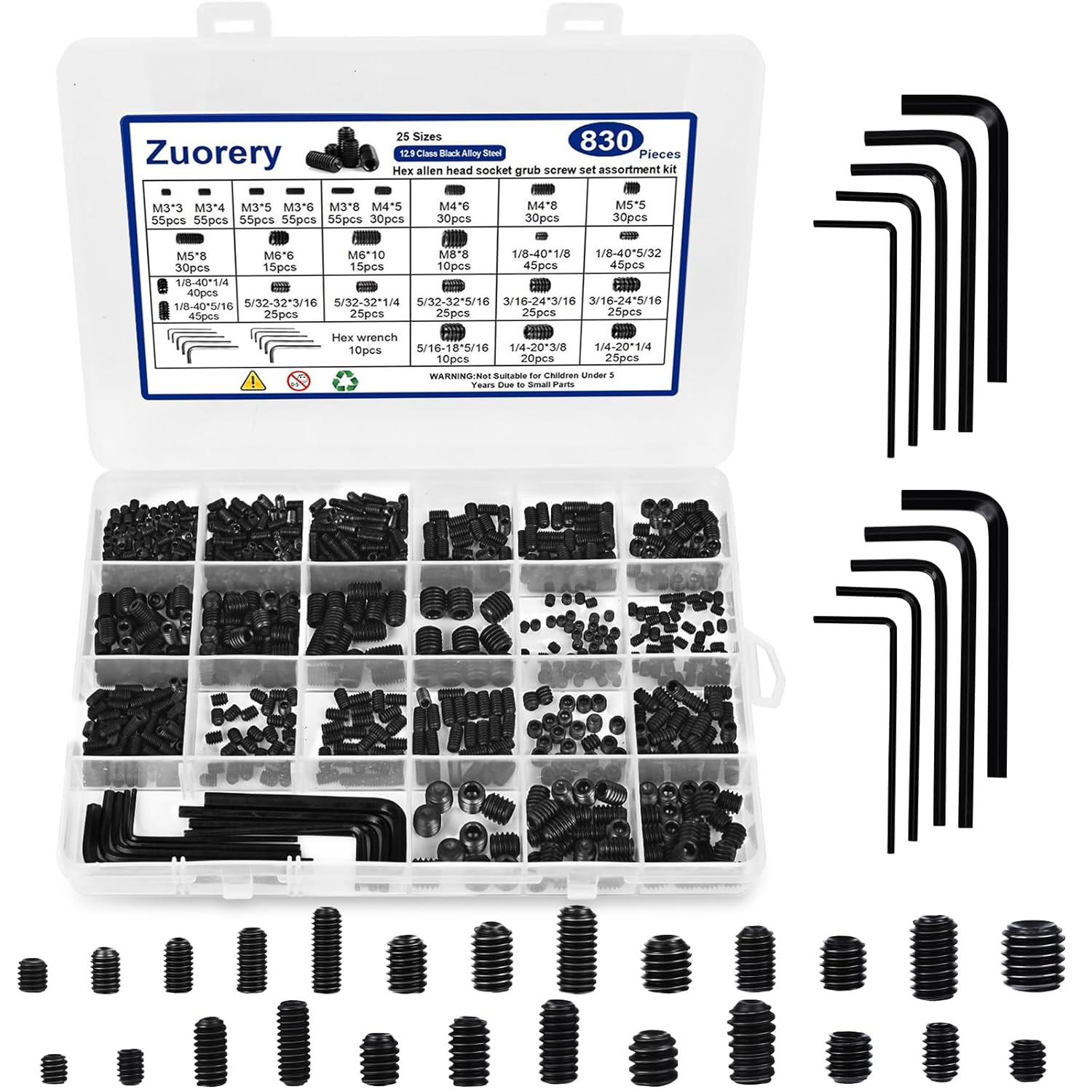 830Pcs 25 Sizes Metric + SAE Set Screw Assortment Kit, Internal Hex Drive Cup-Po