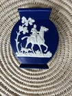 Weller Pottery Blue Jasperware Plaque Hunt Scene Horse Rider Dog 9x7”