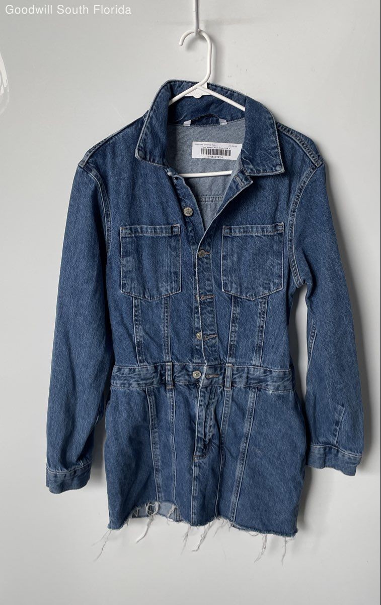 Zara Womens Blue Denim Long Sleeve Collared Button Front Short Mini Dress Size S