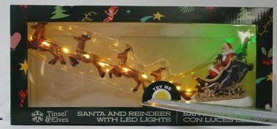 Christmas Tinsel & Elves Light Up Santa Sleigh With Reindeer LED NEW !