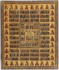 Russian Palekh Icon – 1890, 12 Feasts & Year Calendar, 44.5×38 cm