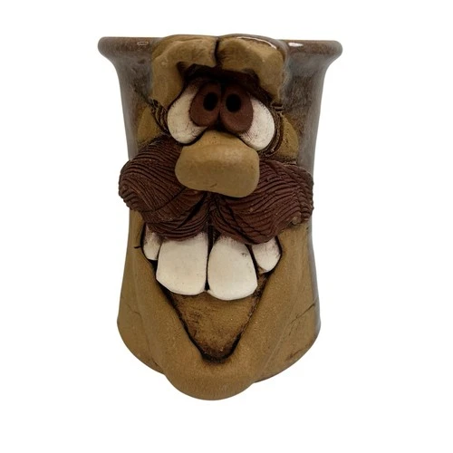 Vintage Ugly Funny Face Pottery Mug Mustache Teeth Stoneware Signed Collectible