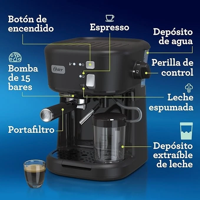 Oster cafetera espresso semiautomática negra BVSTEM5501B Foto 3 de 4