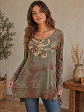 Matthew IDI WOMENS TUNIC mineral wash cotton M Green Tie Dye Embroidered