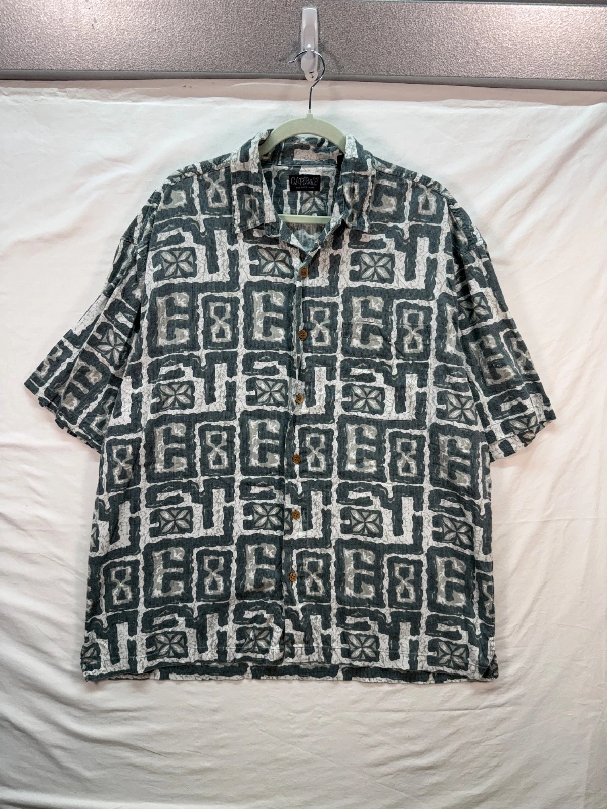 Vintage Carbon Hawaiian Shirt XL Gray Tribal Geometric Resort Beach Button Up