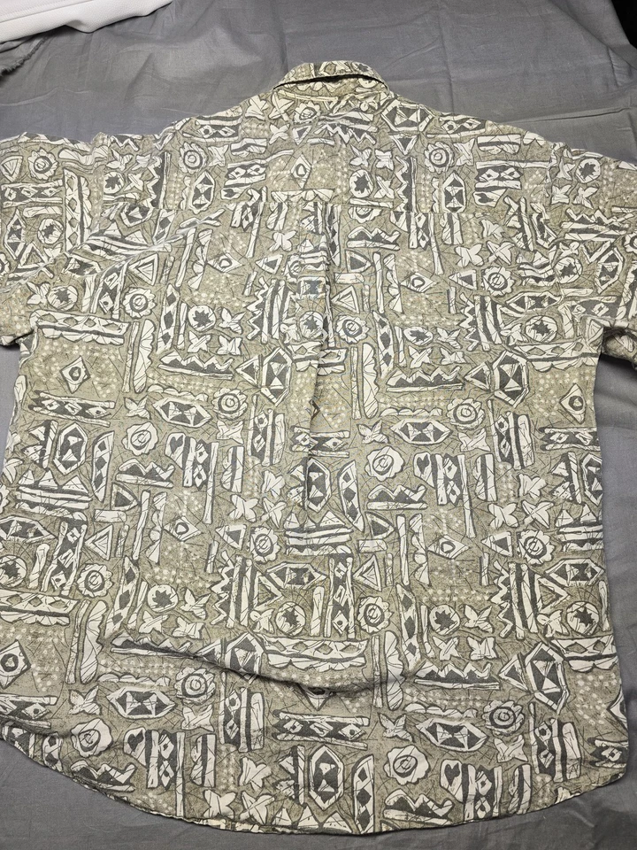 Camisa Vintage Bugle Boy Para Hombre Grande Gris Estampado Abstracto Abotonada Ramie Años 90 Foto 4 de 4
