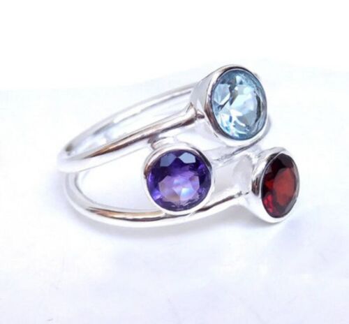 925 Solid Sterling Silver Natural Amethyst, Garnet & London Blue Topaz Cut Ring. - Picture 1 of 10