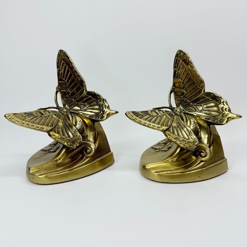 Vintage Pair Cast Metal Butterfly Bookends Brass Tone Art Nouveau Style MCM