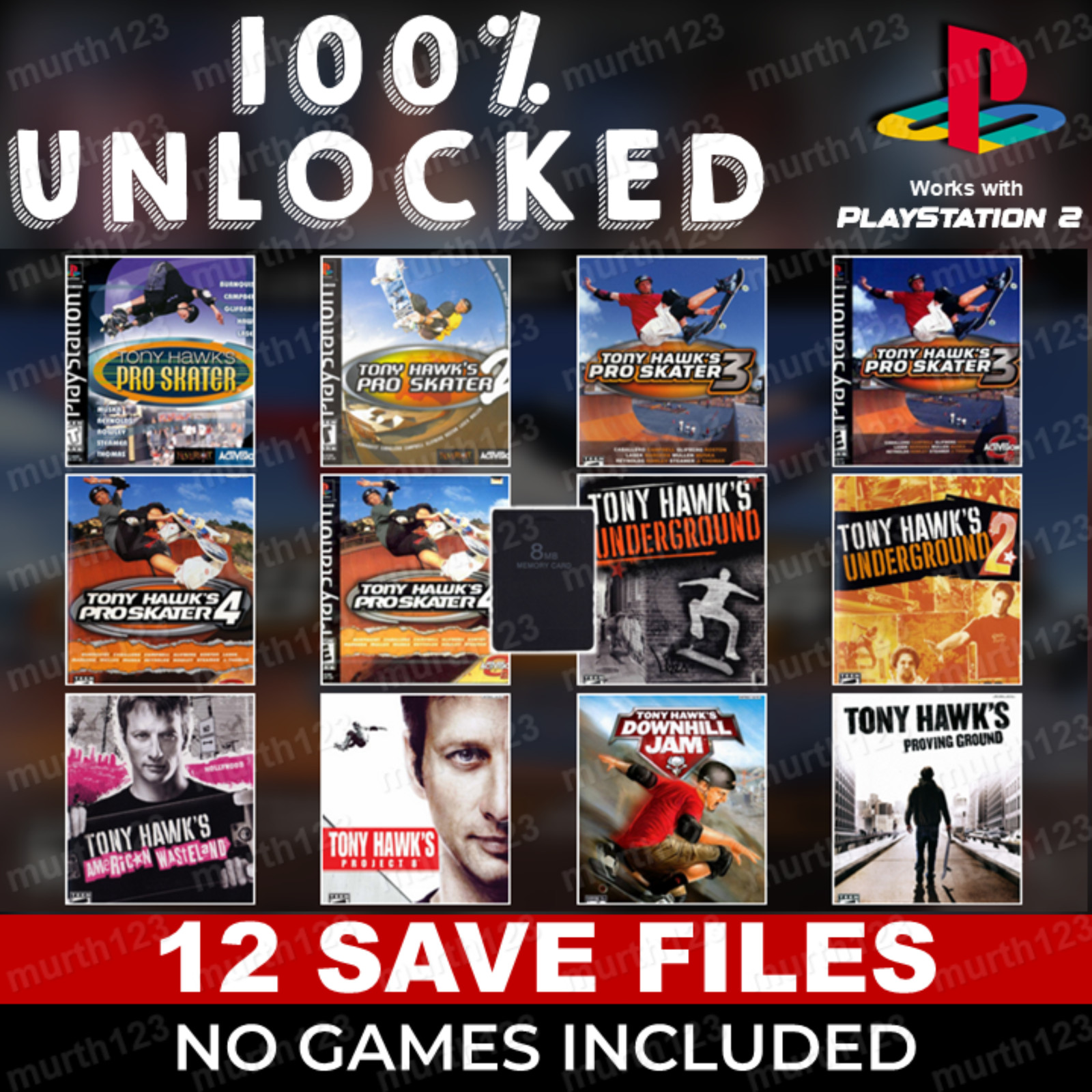 Tony Hawk's Pro Skater THPS THUG PlayStation 2 PS2 Memory Card Unlocked Save