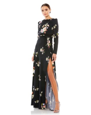 MAC DUGGAL SIZE 18 HIGH NECK LONG SLEEVE FAUX WRAP FLORAL BLACK MULTI GOWN