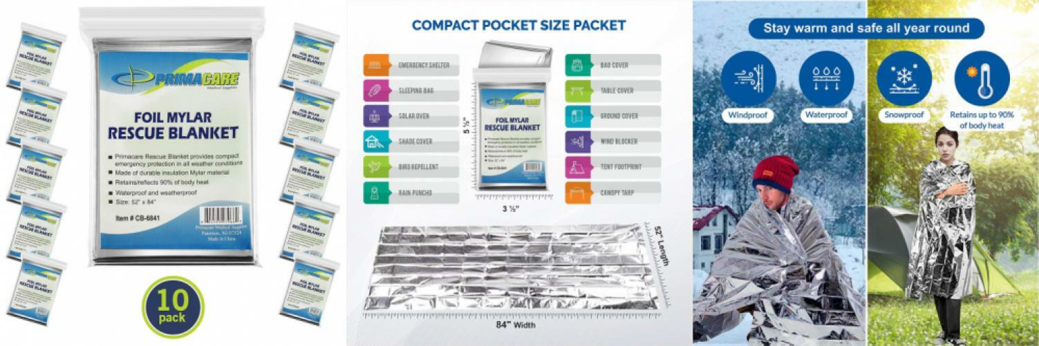 Primacare HB10 Emergency Foil Mylar Thermal Blanket (Pack of 10), 52