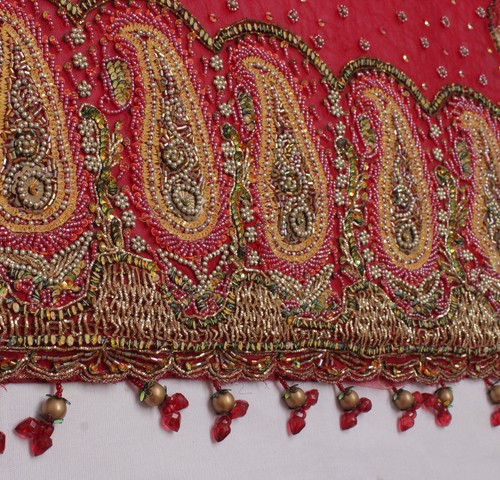 Sushila Vintage Red Heavy Dupatta Pure Georgette Silk Hand Beaded Long Stole - Picture 7 of 10