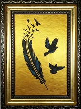 Pigeon painting Black feather art dove painting Gold Framed small bird art