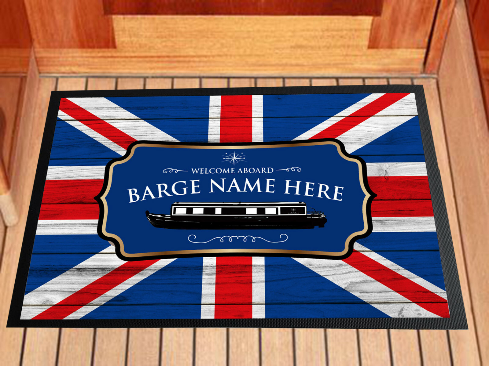 Personalised Boat Mat Canal Narrow boat, union jack blue 60x40cm door