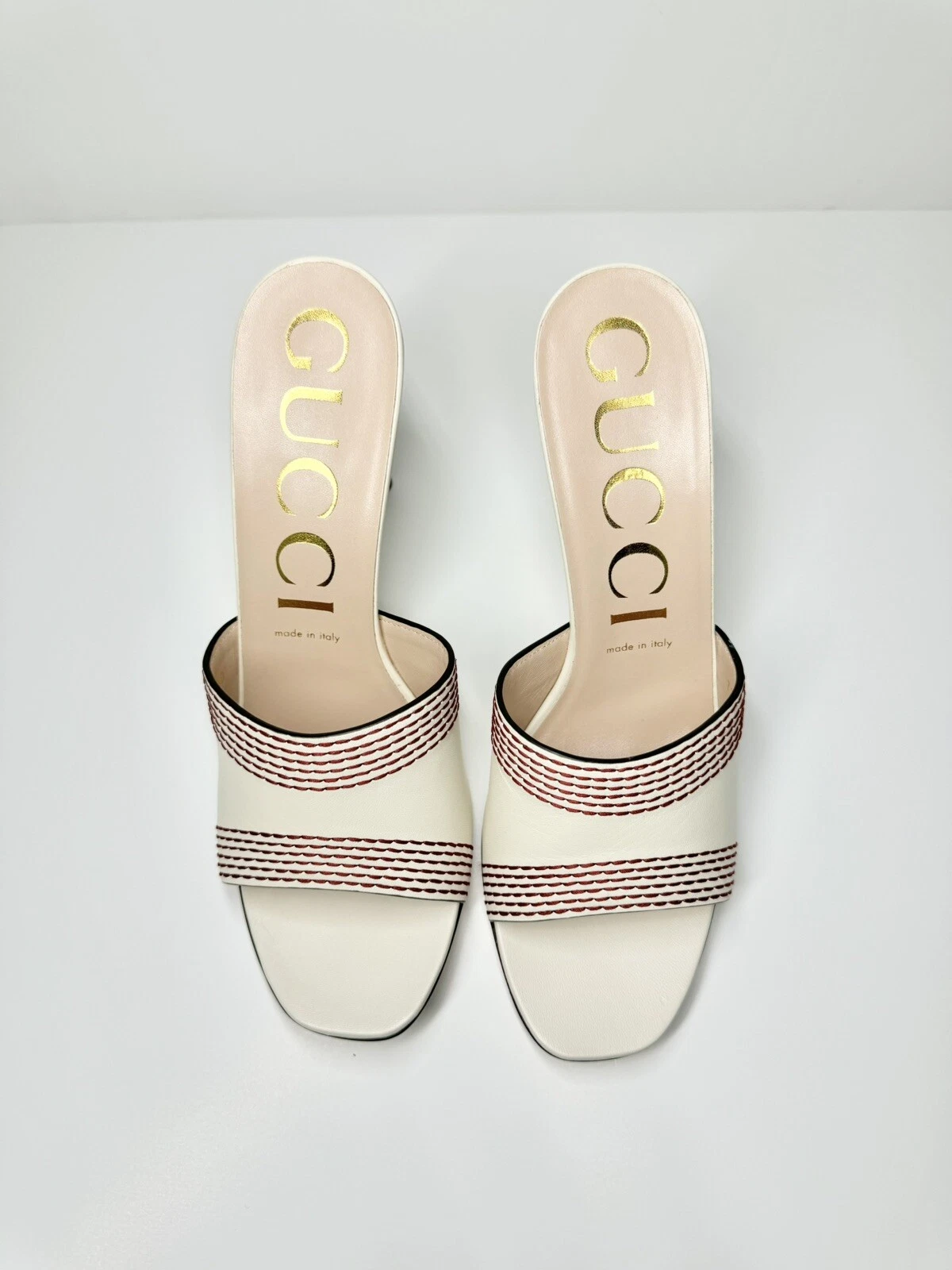 SANDALE GUCCI SLIDE FORME BAMBOU STILETTO BLANC ROUGE SURPIQÛRES FEMMES 40,5 US10,5