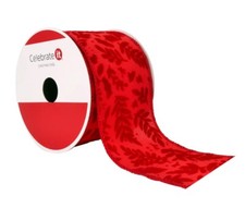 Red Flocked Ribbon Wired 2.5 In. x 20 Ft. Christmas Floral Pattern Celebrate It