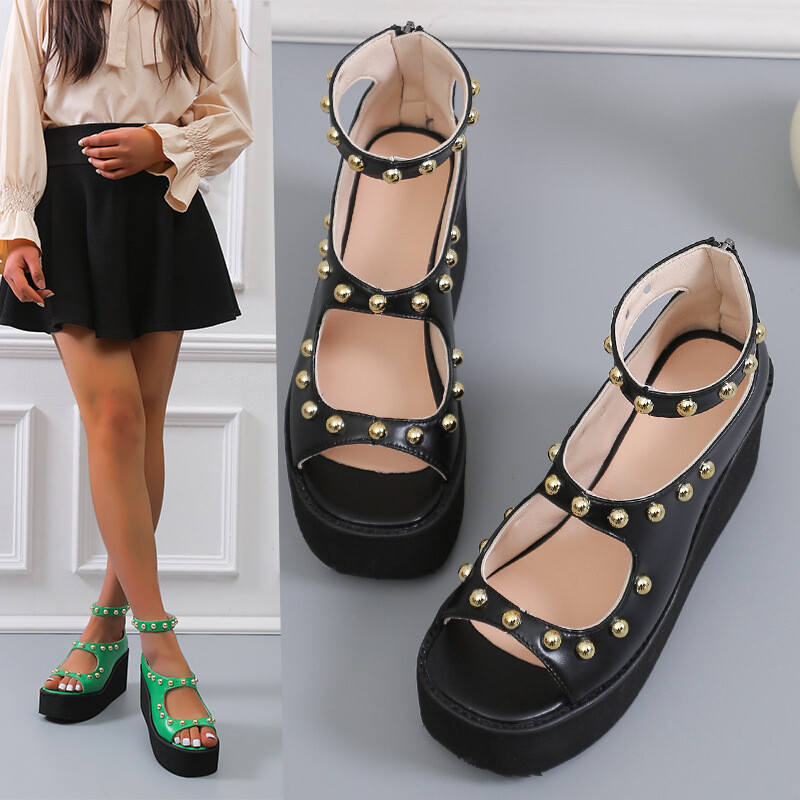 Women Summer Studded Wedge Heels Peep Toe Party Sandals with Ankle Strap-image