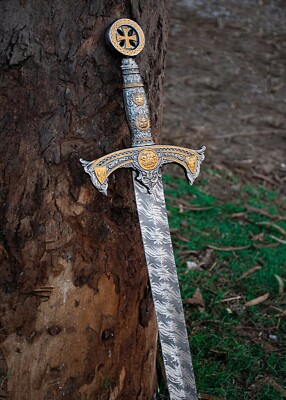 HandCrafted Medieval Templar Knight Sacred Damascus Holy Long Sword Ornate Sword