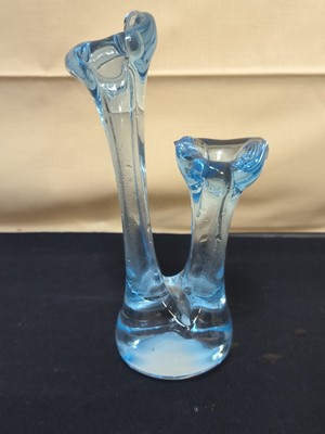 Hellblaue Doppelhals Vase Glas Vase Josephshütte E. Wandtner Design