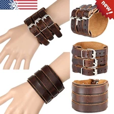 Genuine Leather Bracelet Wide Wrist Belt Wrap Mens Cuff Wristband Bangle Strap