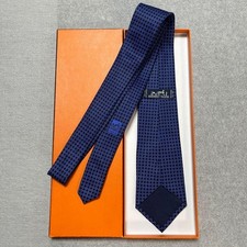 Hermes silk tie navy blue Chaine d Ancre H pattern excellent condition