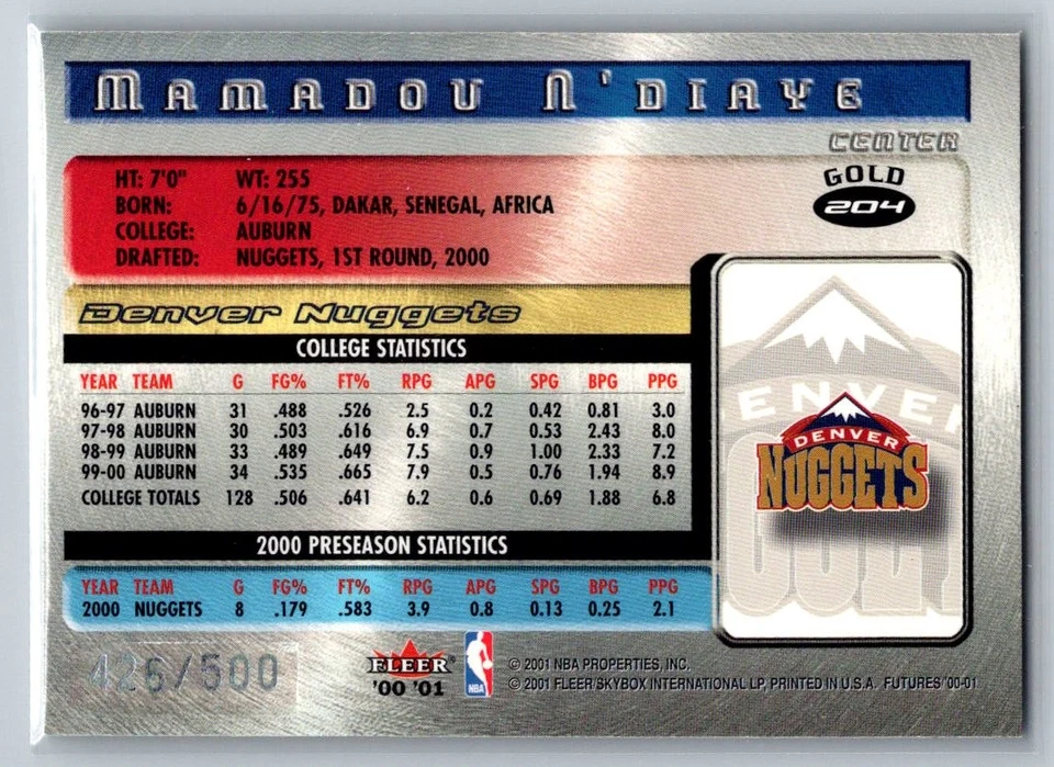 2000-01 Fleer Futures #204 Mamadou N'Diaye Gold #/500 - Image 2 of 2