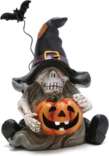 Intriguing Fall Halloween Gnome Resin Sculpture with Skull Skeleton Theme Swedis