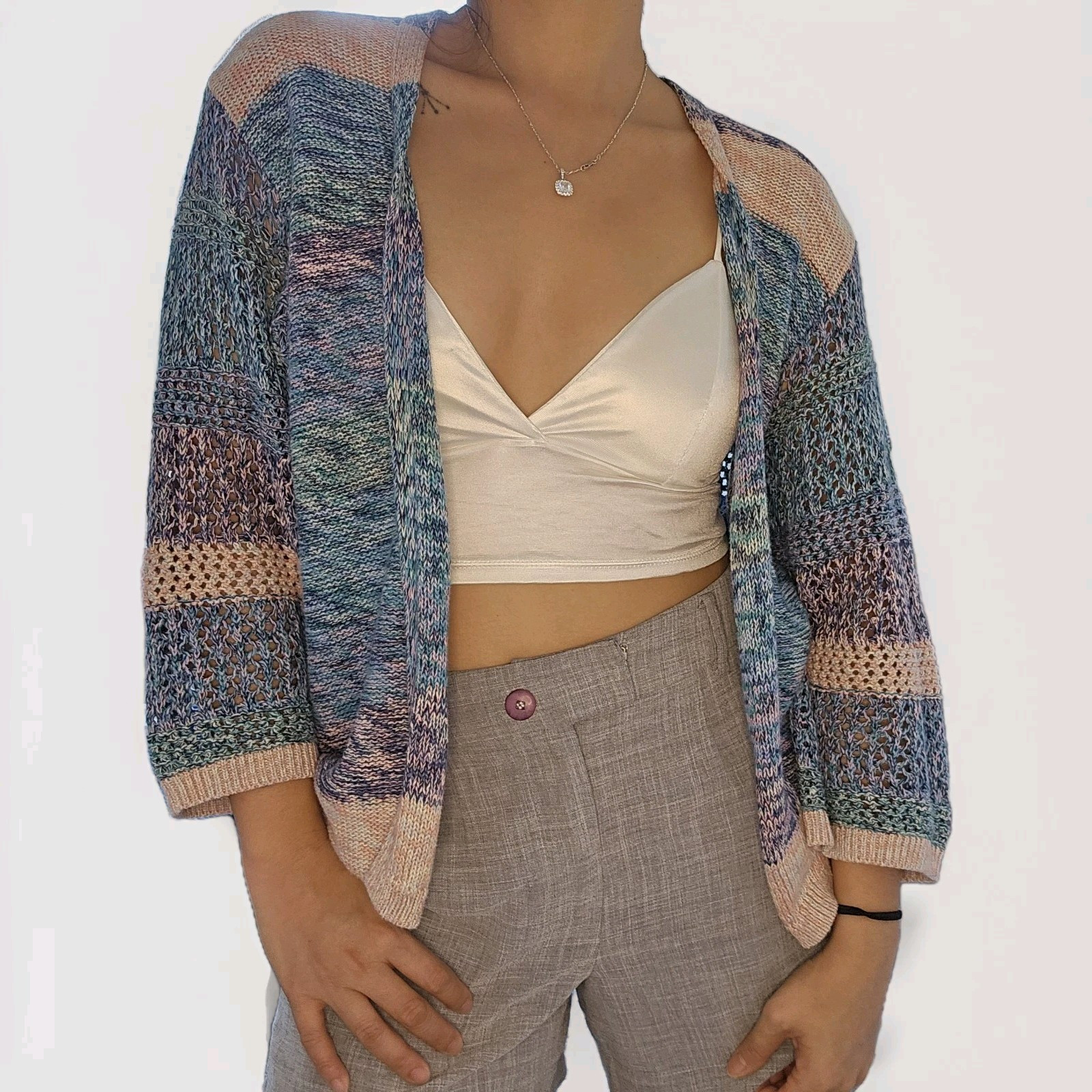 Gap Women Kimono Sleeve Multicolor Striped Marled Cotton Open Front Cardigan S