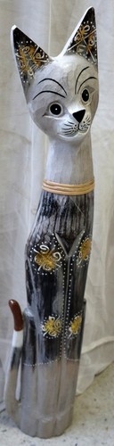 Gatto il legno realizzato a mano alto cm 80 bianco grigio ed oro intagliati - Foto 1 di 7