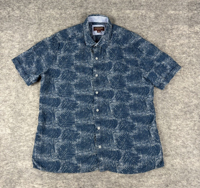 Johnston & Murphy Shirt Mens  L 100% Linen Blue Palm Print Fern Breathable