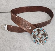 Women's Leather Belt With Jeweled Concho Turquoise Buckle Southwest Vintage