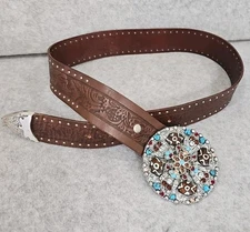  Women's Leather Belt With Jeweled Concho Turquoise Buckle Southwest Vintage