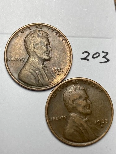 1931-D & 1933-D LINCOLN WHEAT CENT SET, 2 coins, low mintage dates "fine" #203