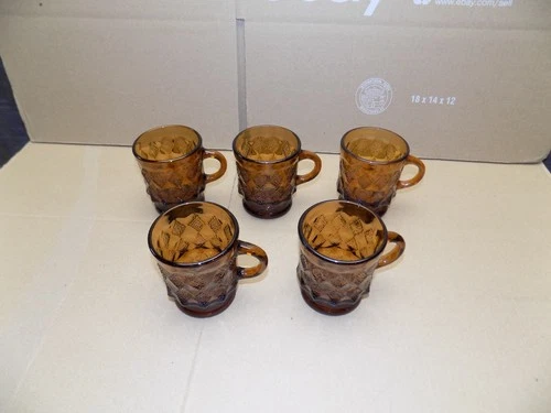 Vintage Set Of  5 Anchor Hocking and Fire King Kimberly Amber Mugs Cups VGUC