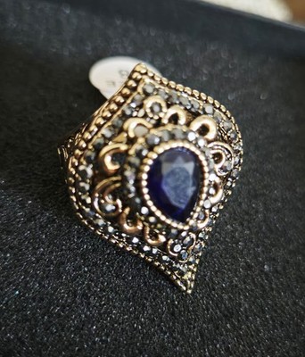 Women Ring Eastern Unique Gark Blue Gold Bohemian Size 8